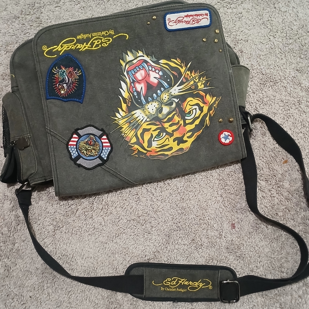 Ed Hardy Olive Messenger Bag with Bold Graphics